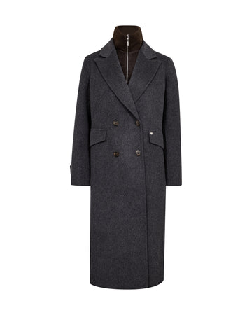 Maroon coat with a high collar on a white background