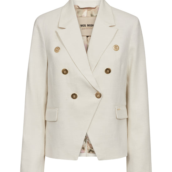 White double breasted blazer with gold buttons on a white background from Mos Mosh