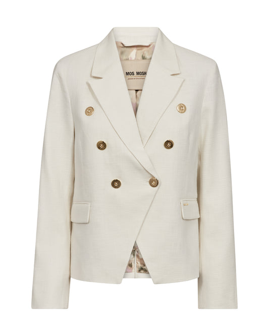 White double breasted blazer with gold buttons on a white background from Mos Mosh