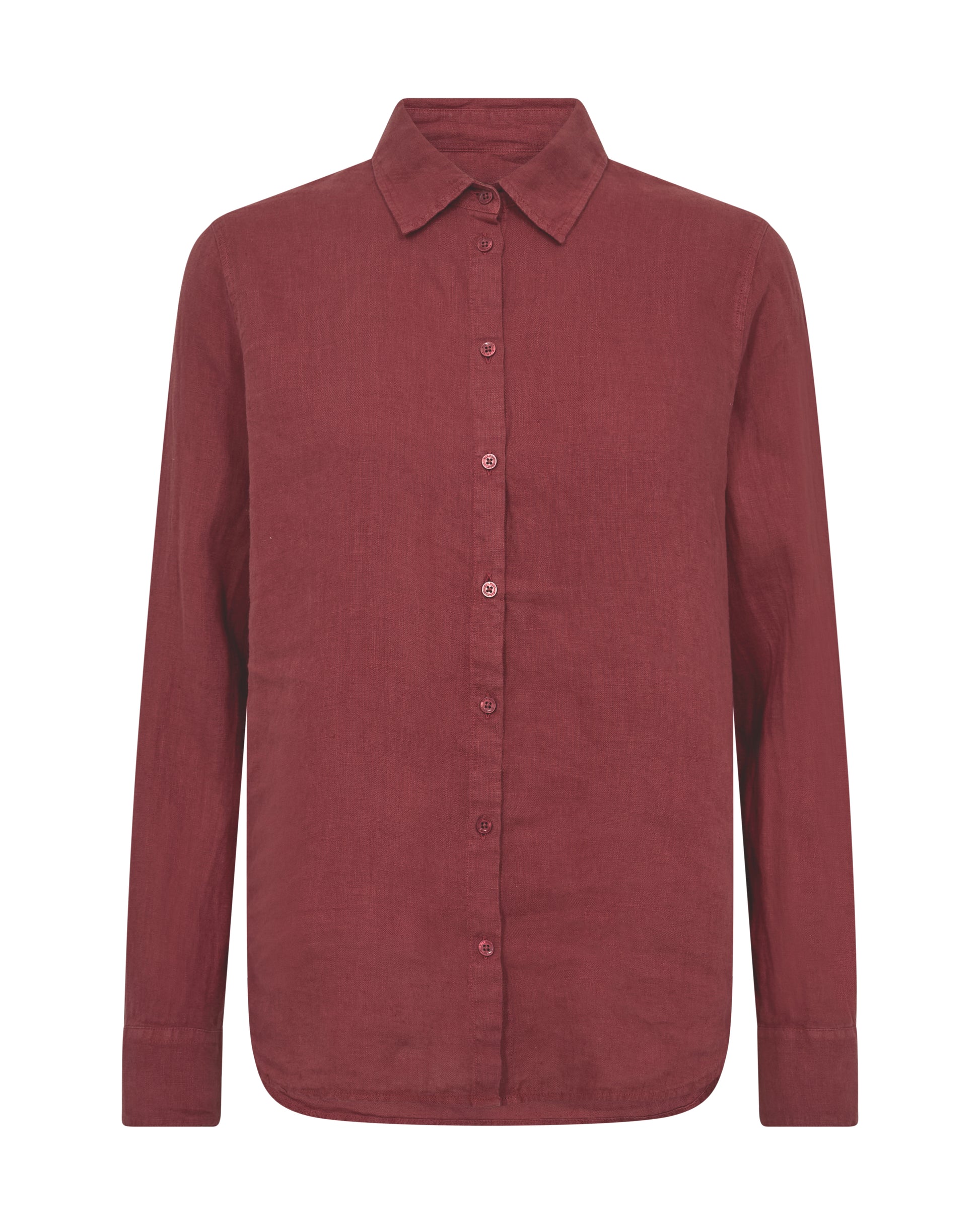 Flat lay of a red linen shirt on a white background