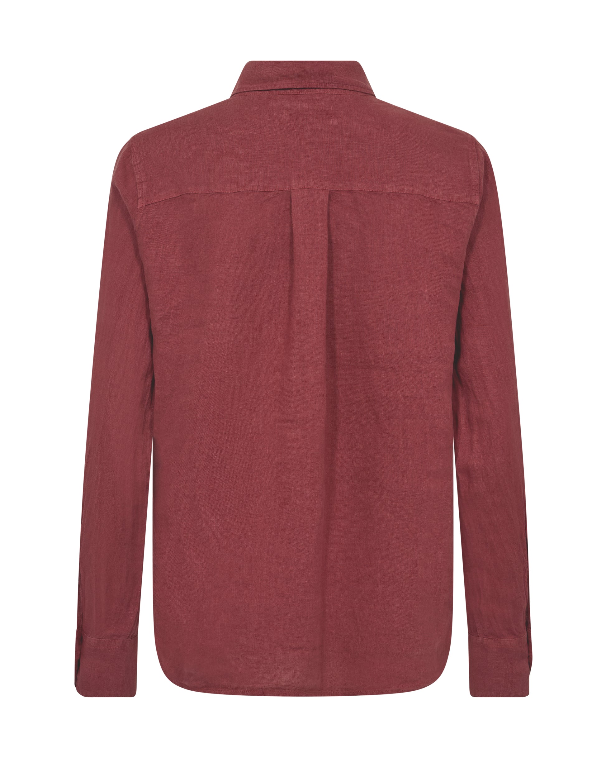 flat lay of a red linen shirt from behind on a white background