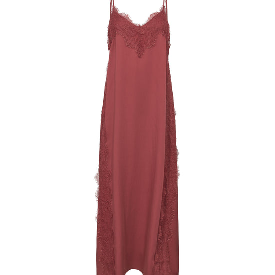 Red slip dress with lace details on a white background from Mos Mosh