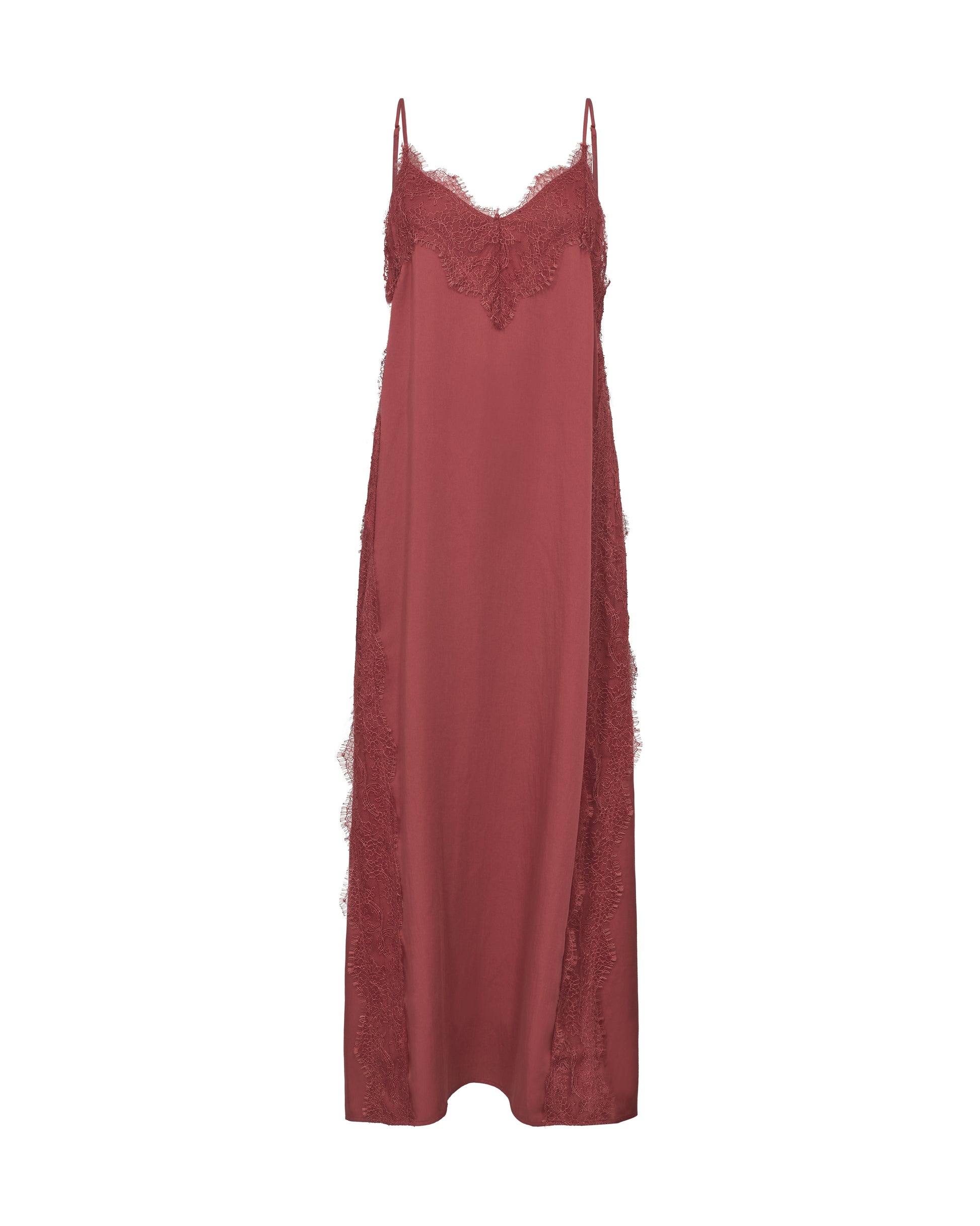 Red slip dress with lace details on a white background from Mos Mosh