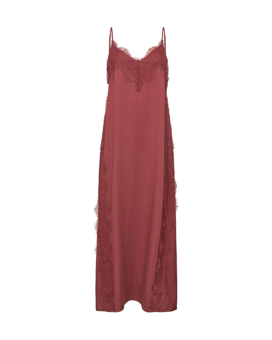 Red slip dress with lace details on a white background from Mos Mosh