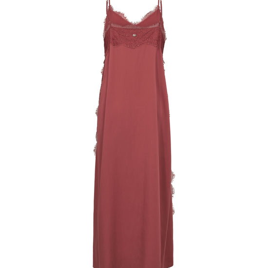 Rear view of Red dress with lace details on a white background from Mos Mosh