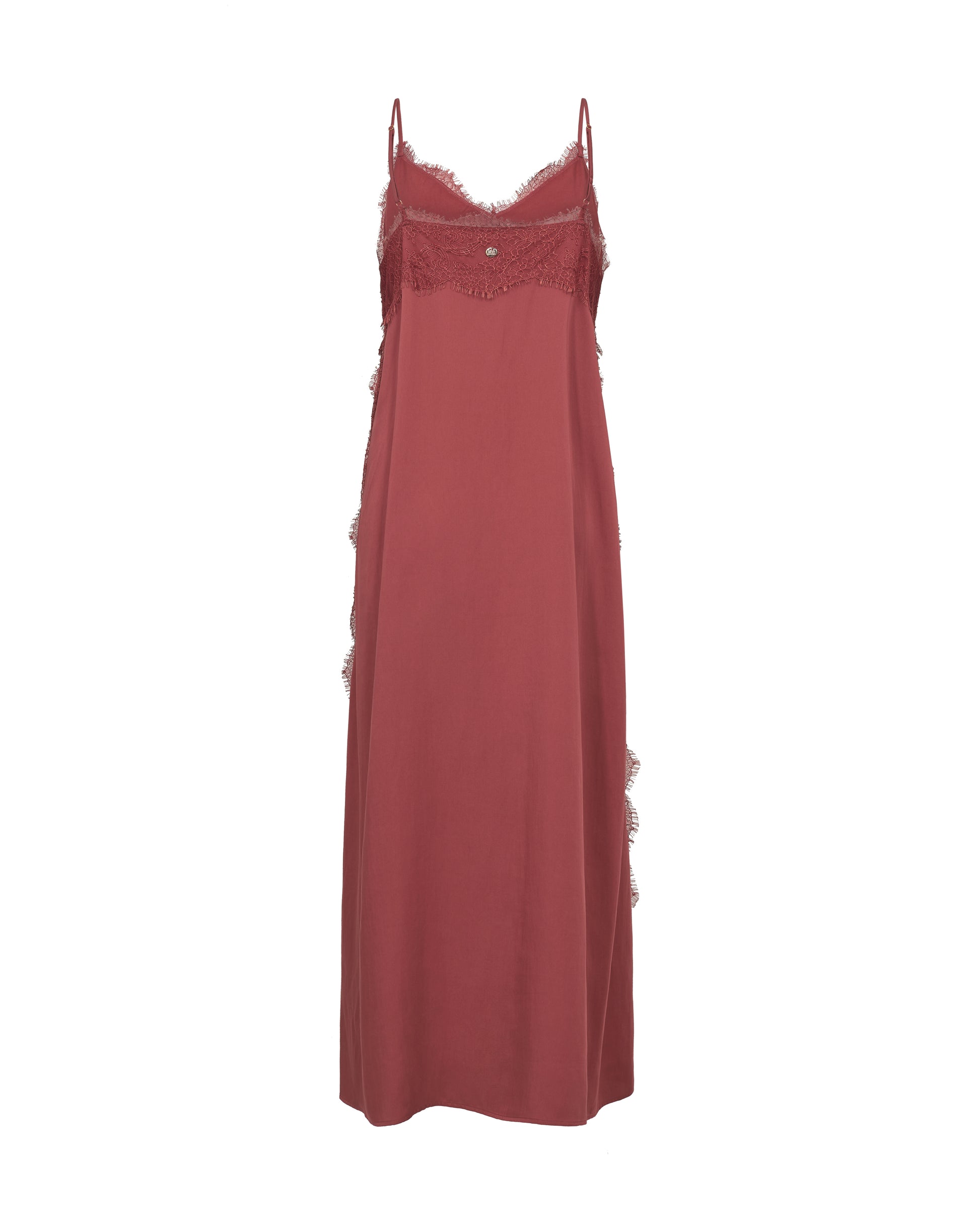 Rear view of Red dress with lace details on a white background from Mos Mosh