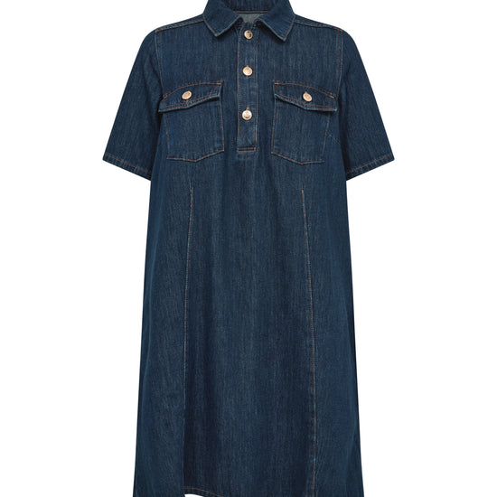 Blue denim dress with button details on a white background