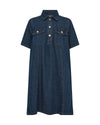 Blue denim dress with button details on a white background