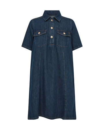 Blue denim dress with button details on a white background