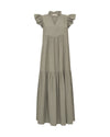 Flat lay of an olive green dress on a white background 