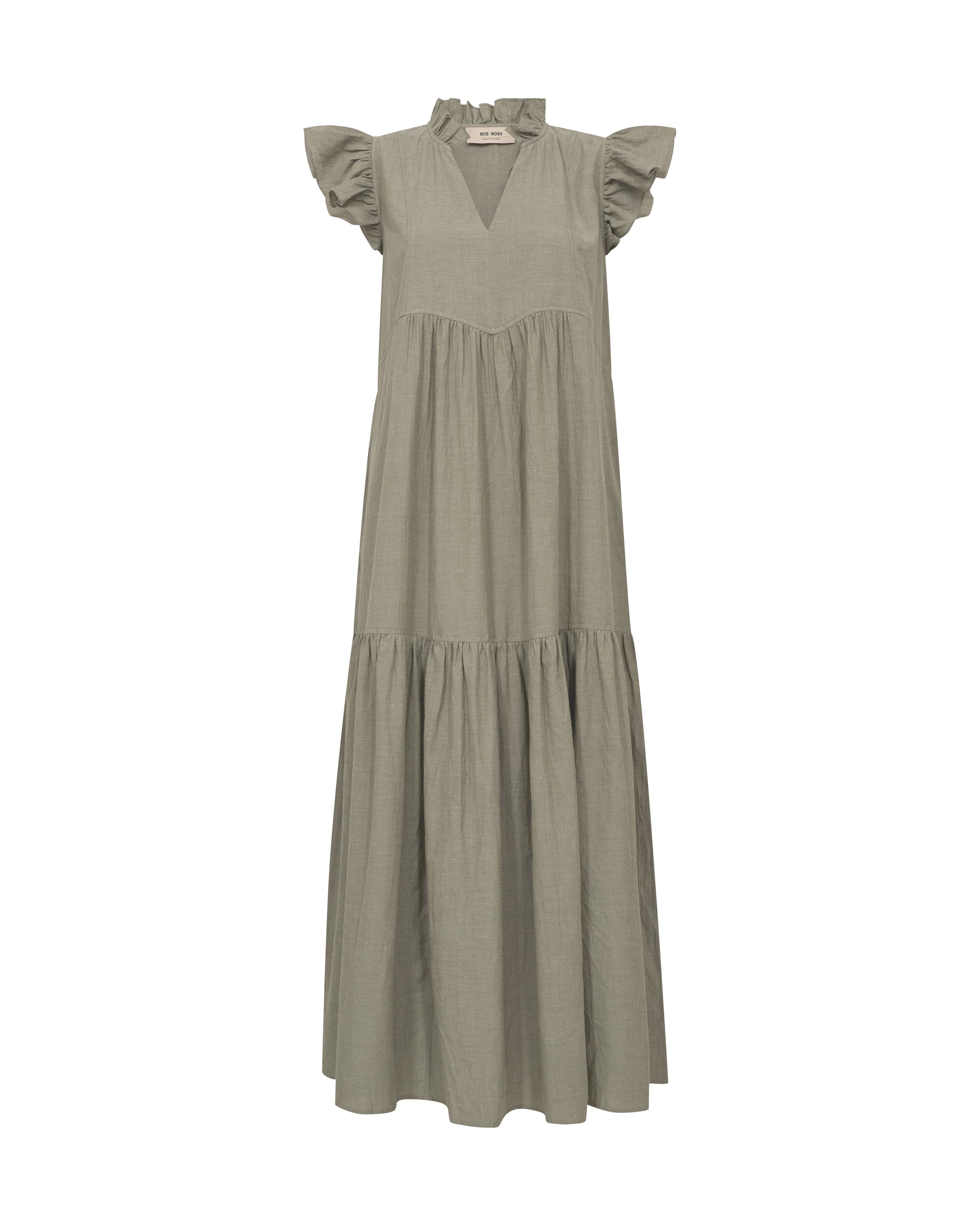 Flat lay of an olive green dress on a white background 