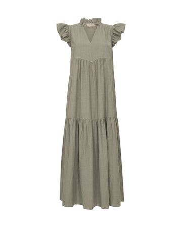 Flat lay of an olive green dress on a white background 