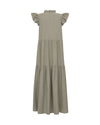 flat lay of the back of an olive green dress on a white background