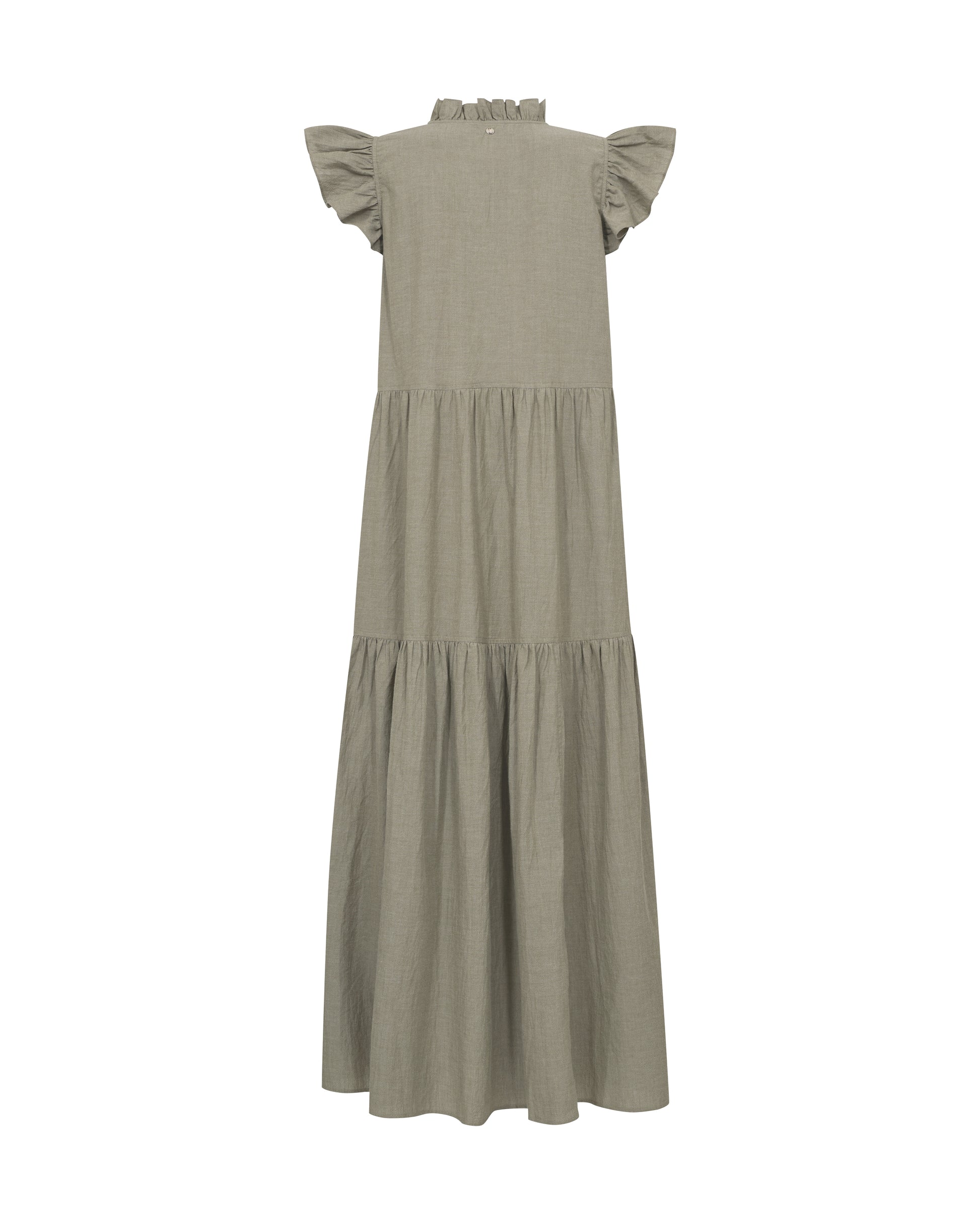flat lay of the back of an olive green dress on a white background