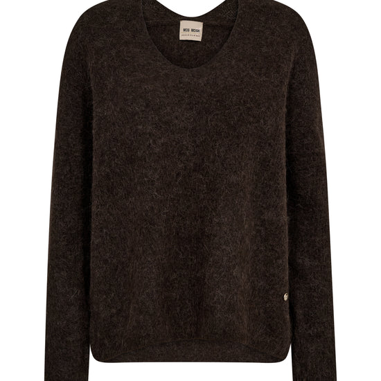A dark brown long-sleeve knit sweater with a crew neck, displayed flat against a solid white background.