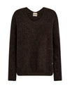 A dark brown long-sleeve knit sweater with a crew neck, displayed flat against a solid white background.