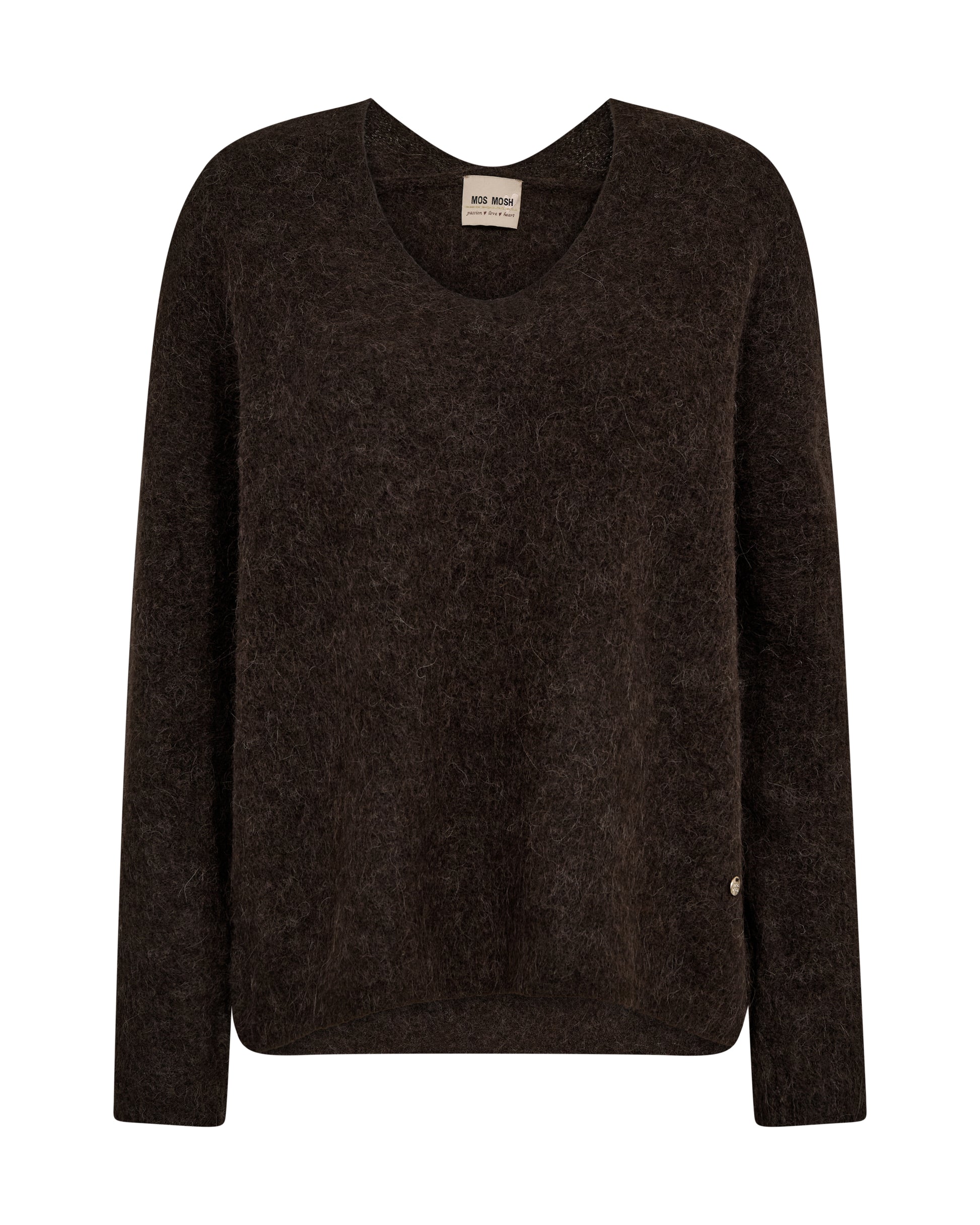 A dark brown long-sleeve knit sweater with a crew neck, displayed flat against a solid white background.