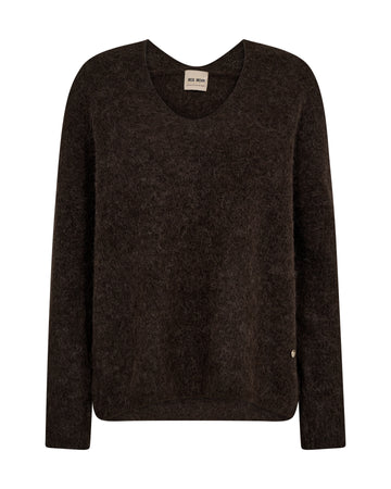 A dark brown long-sleeve knit sweater with a crew neck, displayed flat against a solid white background.