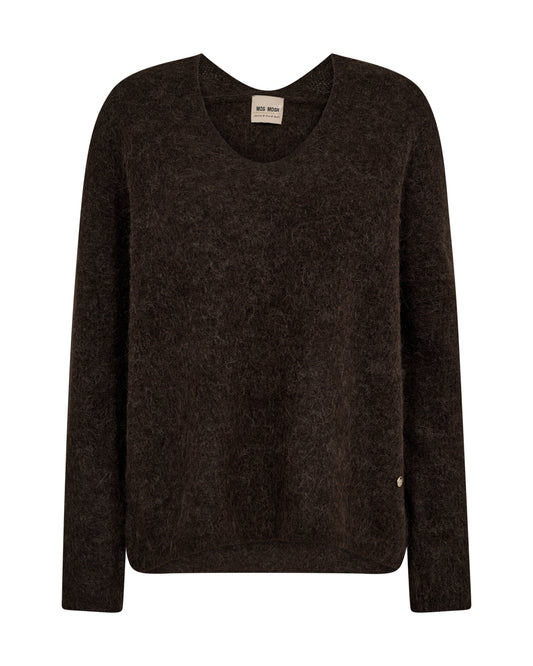 A dark brown long-sleeve knit sweater with a crew neck, displayed flat against a solid white background.