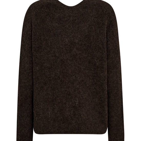 A dark brown fuzzy knit sweater with a wide crew neck and long sleeves, shown against a plain white background rear view