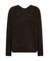 A dark brown fuzzy knit sweater with a wide crew neck and long sleeves, shown against a plain white background rear view