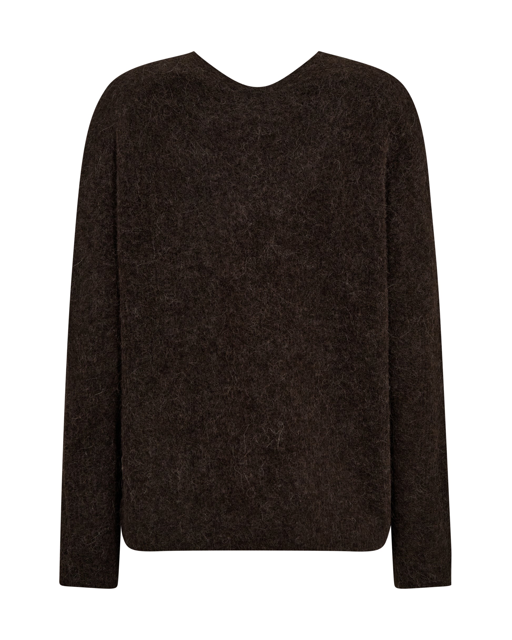 A dark brown fuzzy knit sweater with a wide crew neck and long sleeves, shown against a plain white background rear view