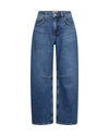 A pair of medium-wash blue denim jeans with a straight, wide-leg silhouette, shown flat against a solid white background.