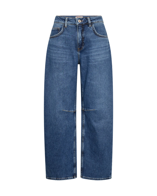 A pair of medium-wash blue denim jeans with a straight, wide-leg silhouette, shown flat against a solid white background.