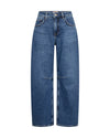 flat lay of blue barrel leg shape jeans on white background 