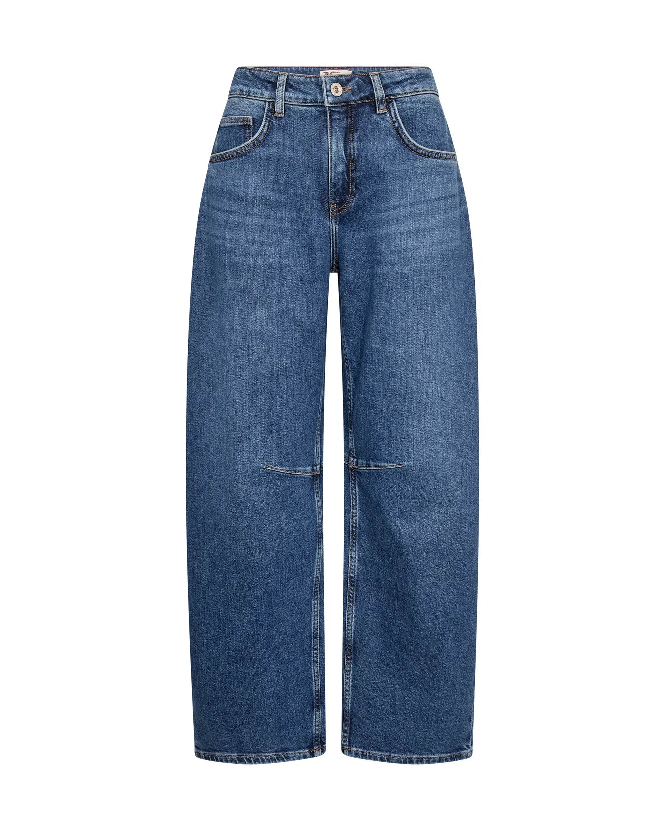 flat lay of blue barrel leg shape jeans on white background 