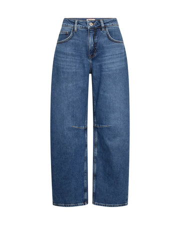 flat lay of blue barrel leg shape jeans on white background 