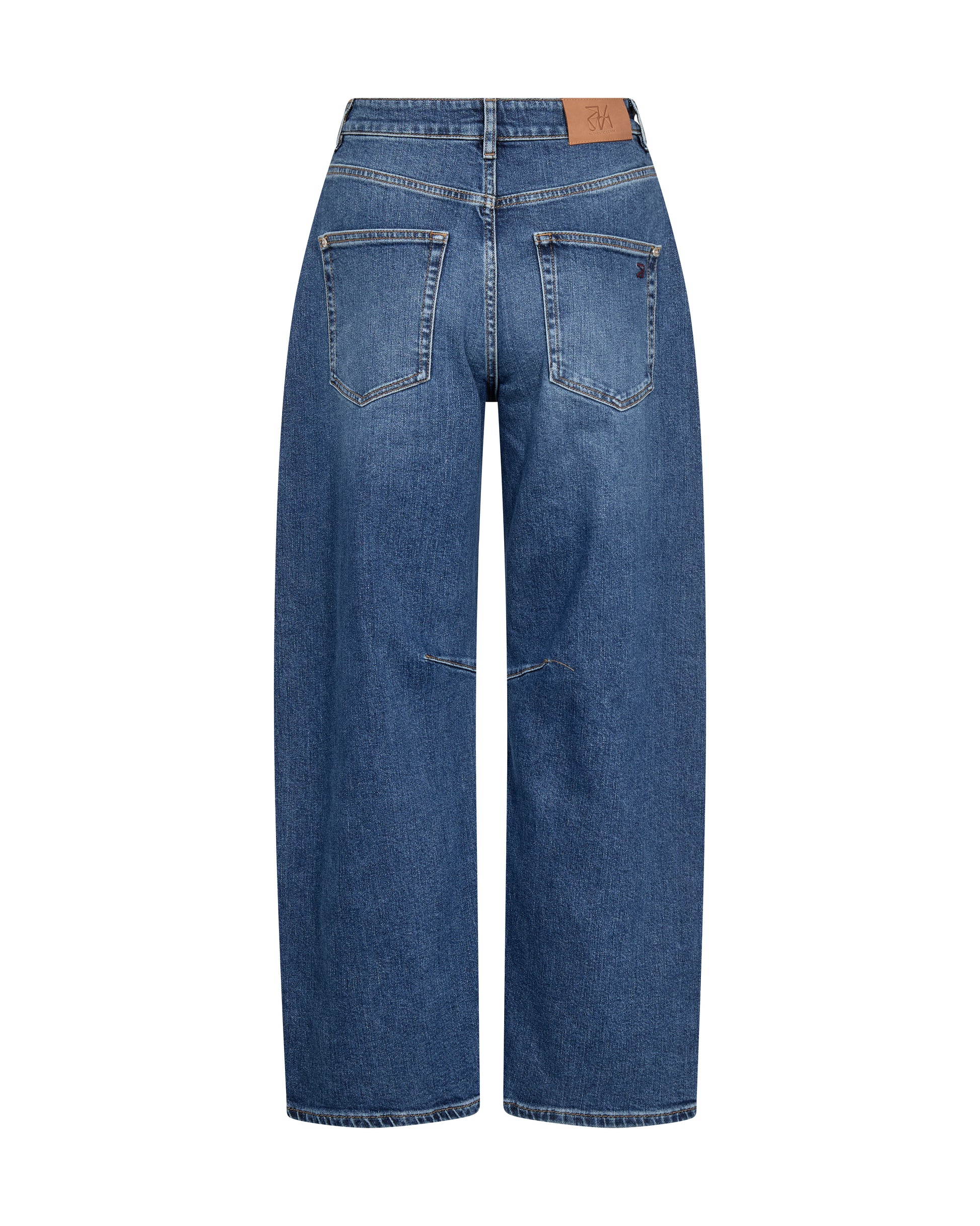 Back view of a pair of medium-wash blue denim jeans with a straight-leg or wide-leg cut, featuring classic five-pocket styling and a tan leather patch at the back waistband, shown on a plain white background.