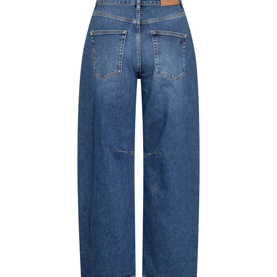 Back view of a pair of wide-leg blue denim jeans on a plain white background.
