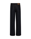 dark blue jeans with a brand patch on a white background