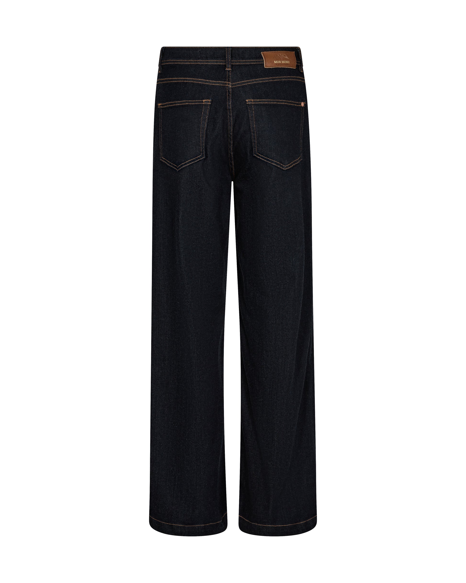 dark blue jeans with a brand patch on a white background