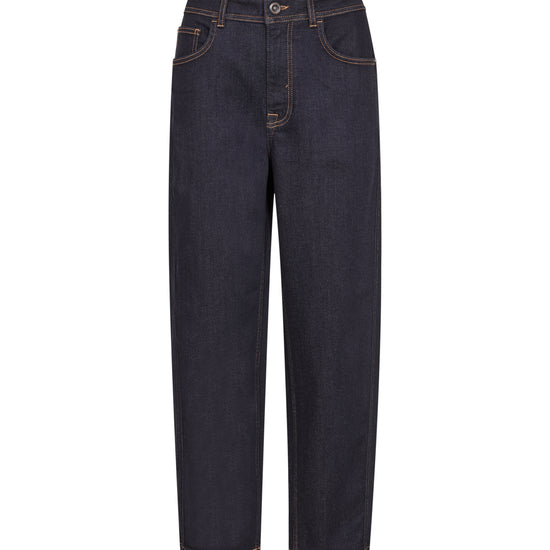 Dark indigo blue straight-leg jeans shown flat against a solid white background.