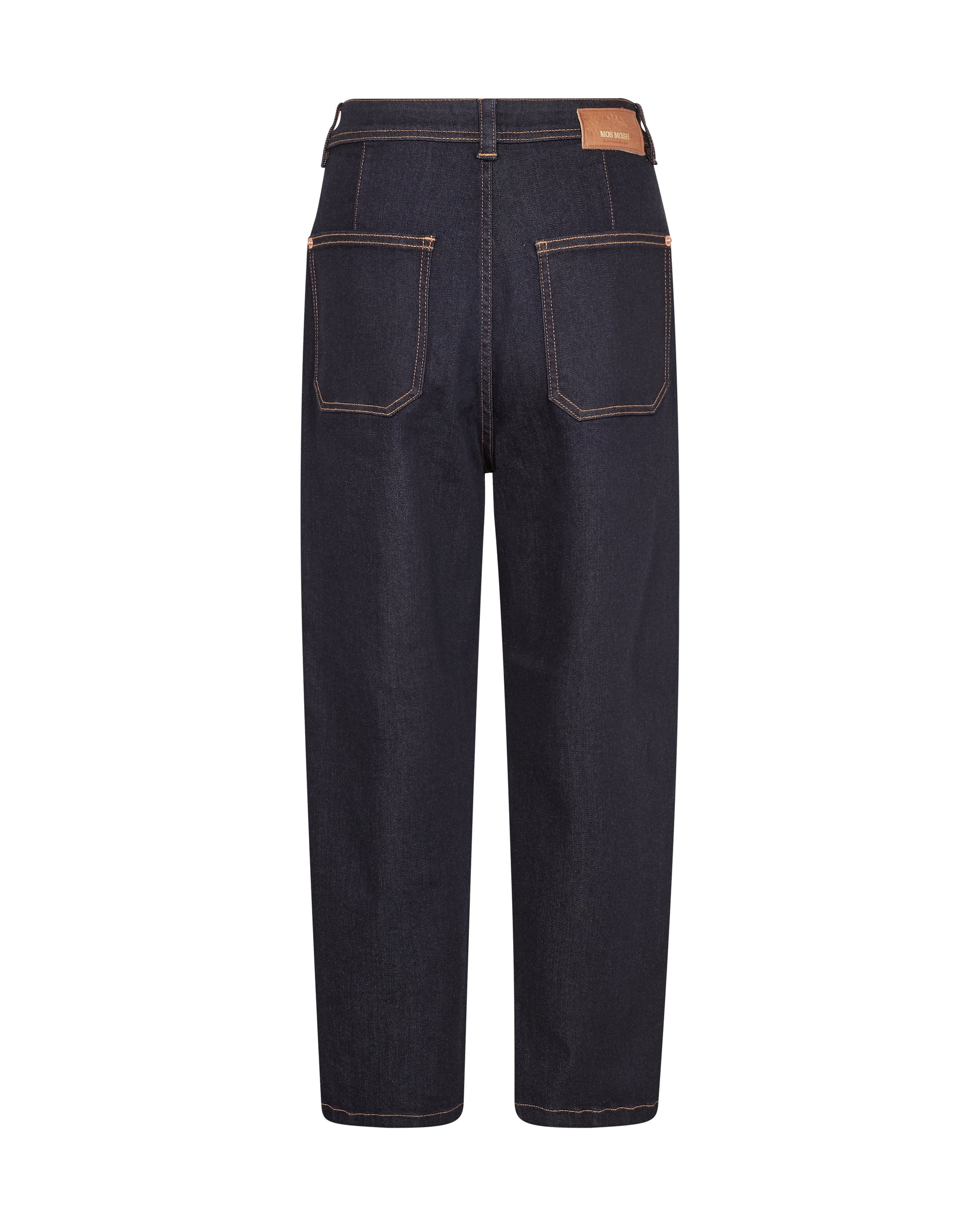 Back view of dark indigo denim jeans with contrast tan stitching and a brown leather patch on the back waistband, shown on a plain white background.