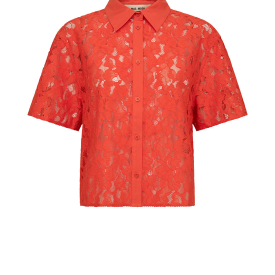 Orange lace floral patterned shirt on a white background