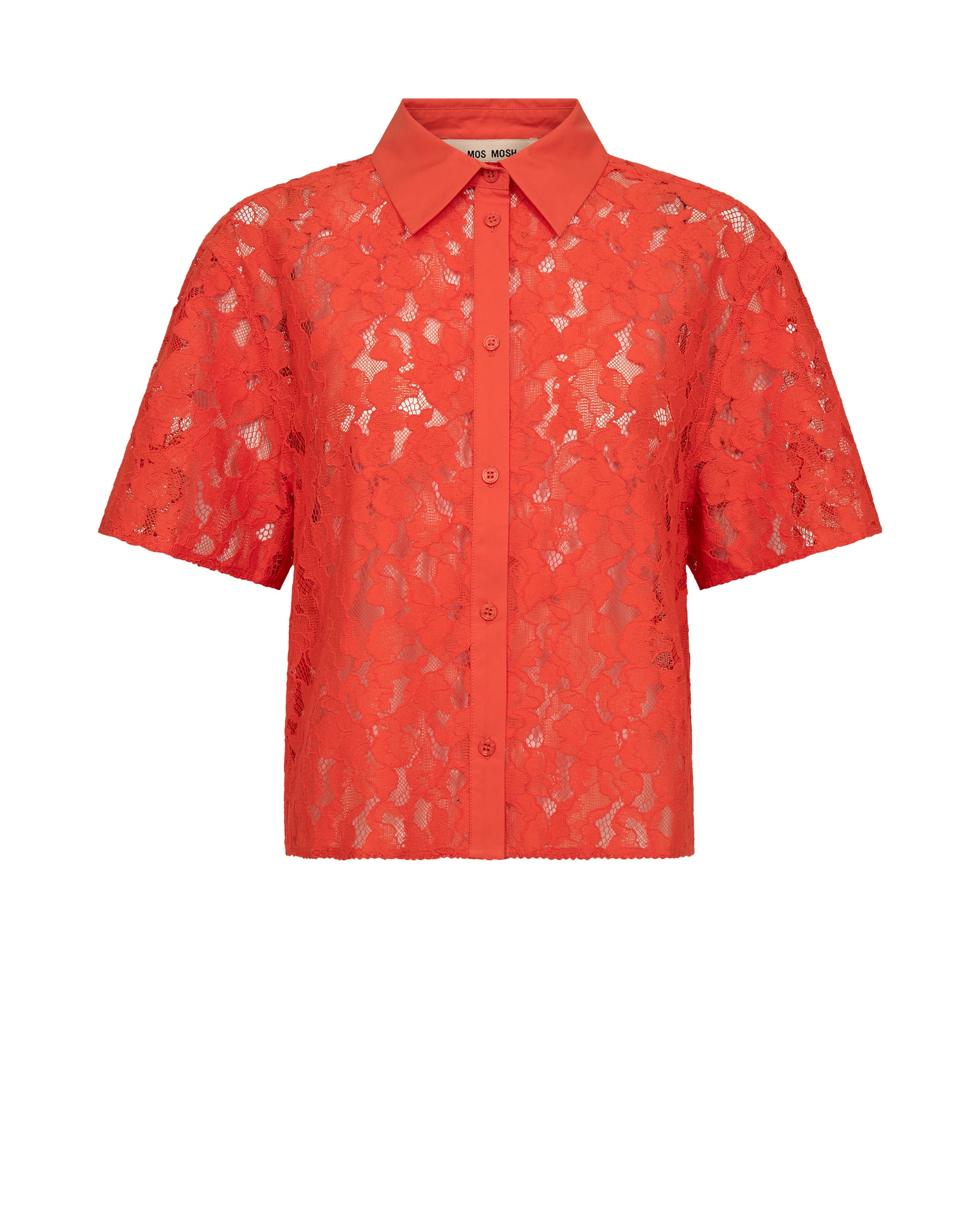 Orange lace floral patterned shirt on a white background