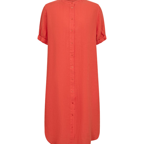 Orange linen dress with short sleeves on a white background