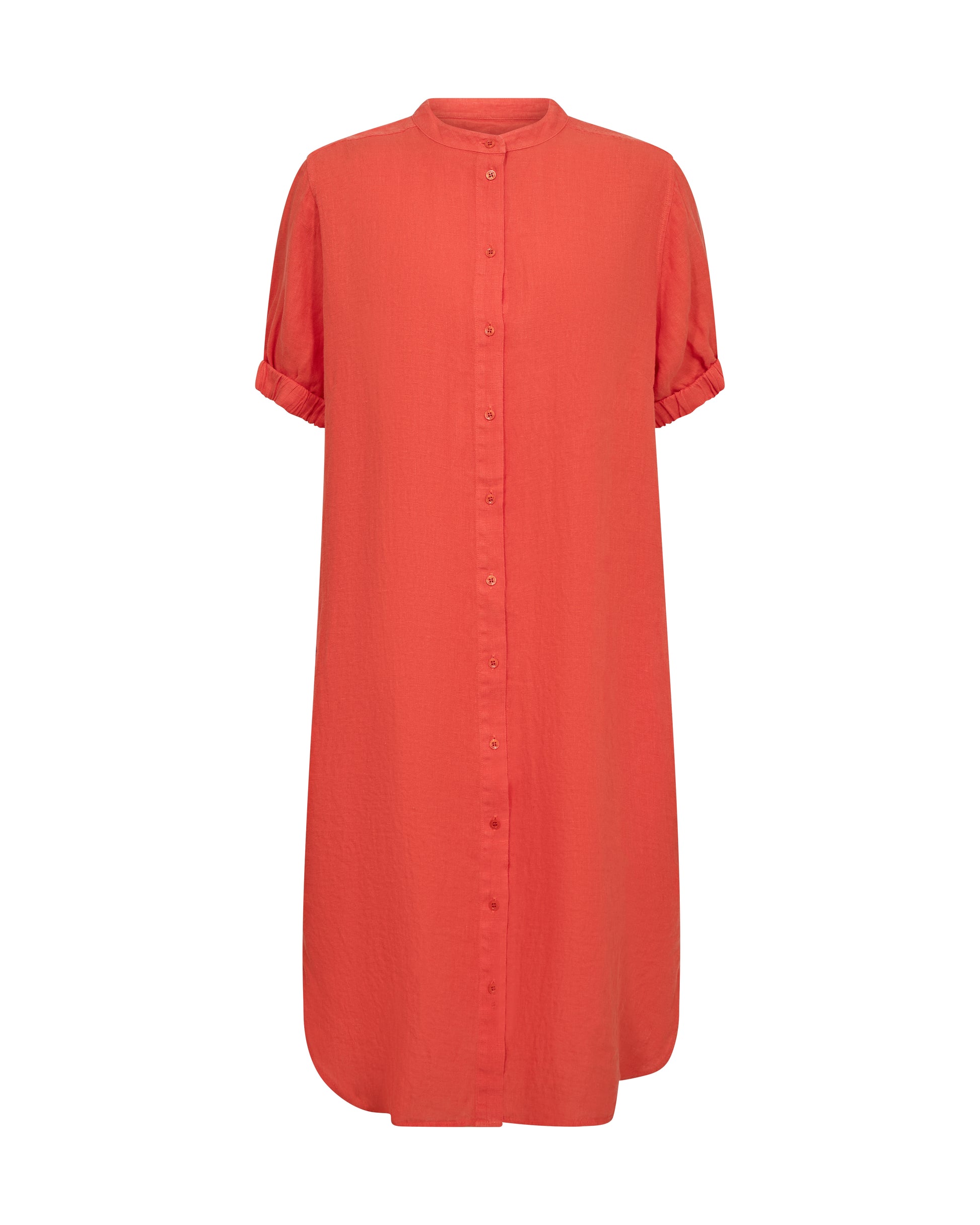 Orange linen dress with short sleeves on a white background