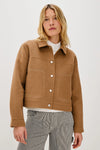 camel short jacket with collar, white stitch detailing and boxy fit