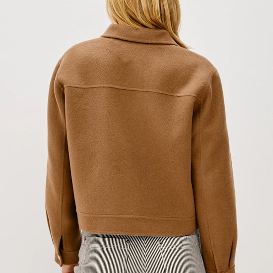 camel short jacket with collar, white stitch detailing and boxy fit rear view