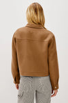 camel short jacket with collar, white stitch detailing and boxy fit rear view