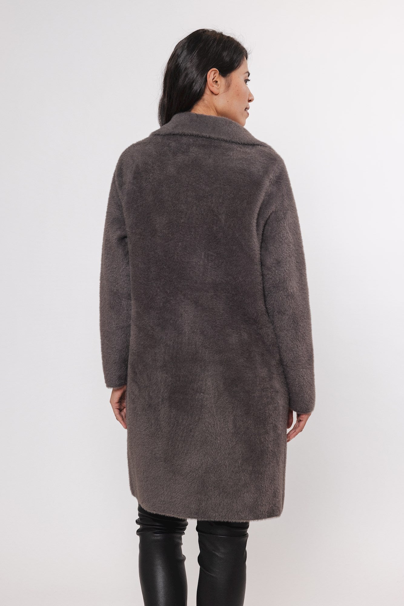 long double breasted dark grey cardigan rear view