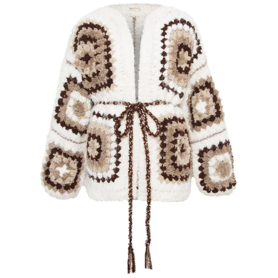 white cardigan with tie waist and brown crochet detailing from my beachy side