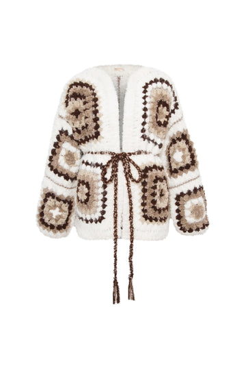 white cardigan with tie waist and brown crochet detailing from my beachy side