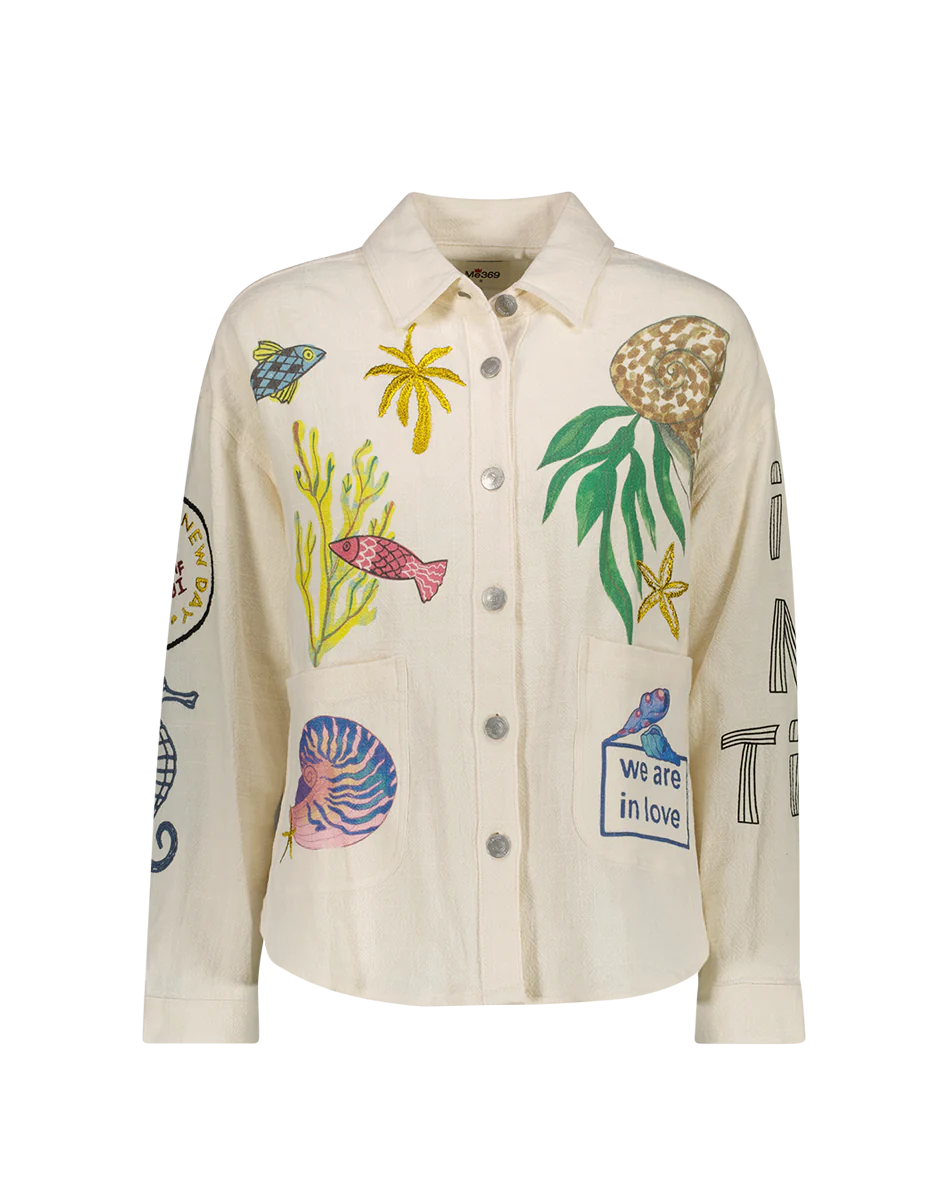 Linen blend shirt jacket with printed and embroidered sea life and "we are in love" "always me" logos and classic collar and silver button fastening with pearl details at the rear and two front patch pockets