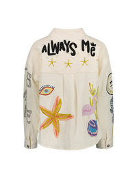 Linen blend shirt jacket with printed and embroidered sea life and "we are in love" "always me" logos and classic collar and silver button fastening with pearl details at the rear and two front patch pockets