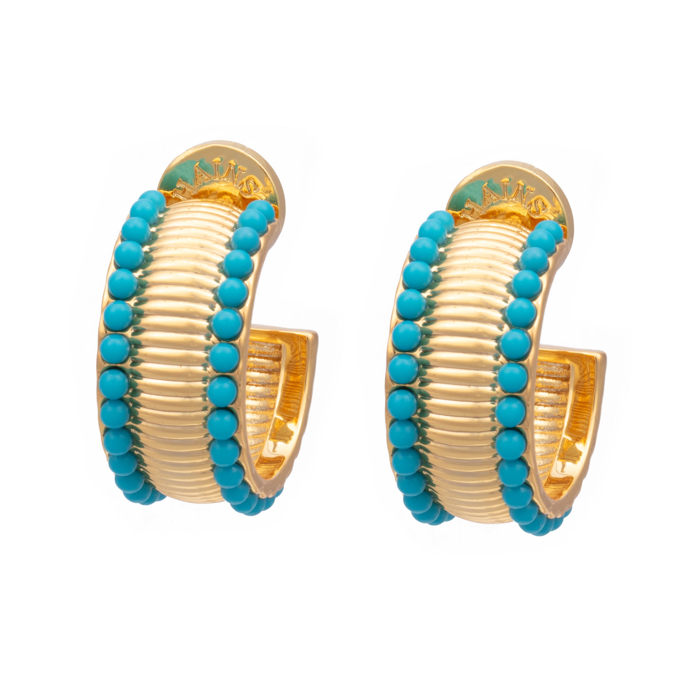 Flat ridge hoops with turquoise bead detail